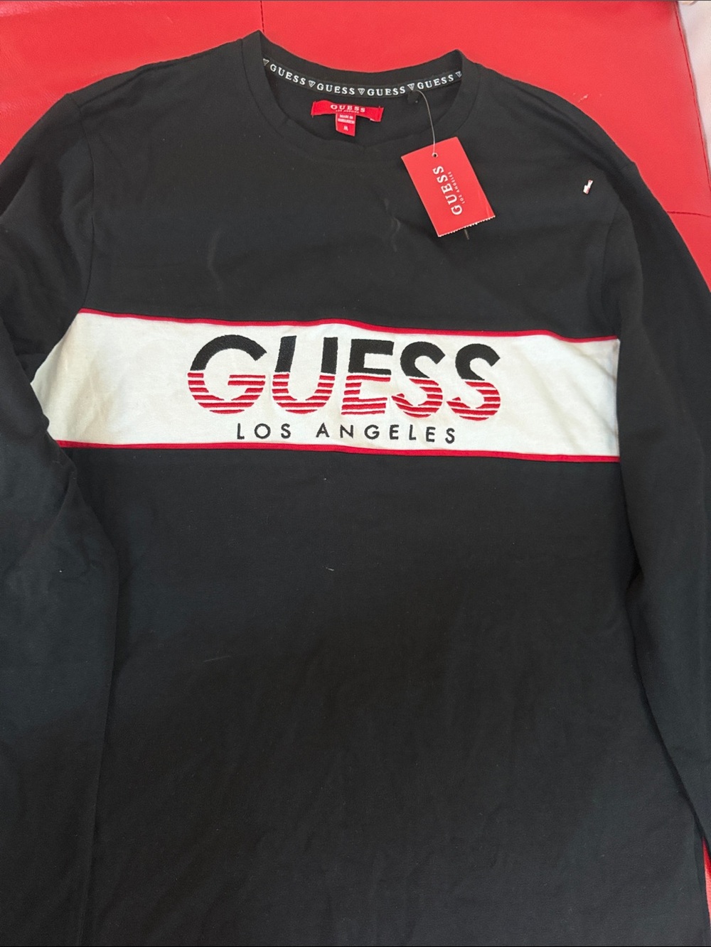 GUESS Black Sweatshirt with White Panel and Red Trim